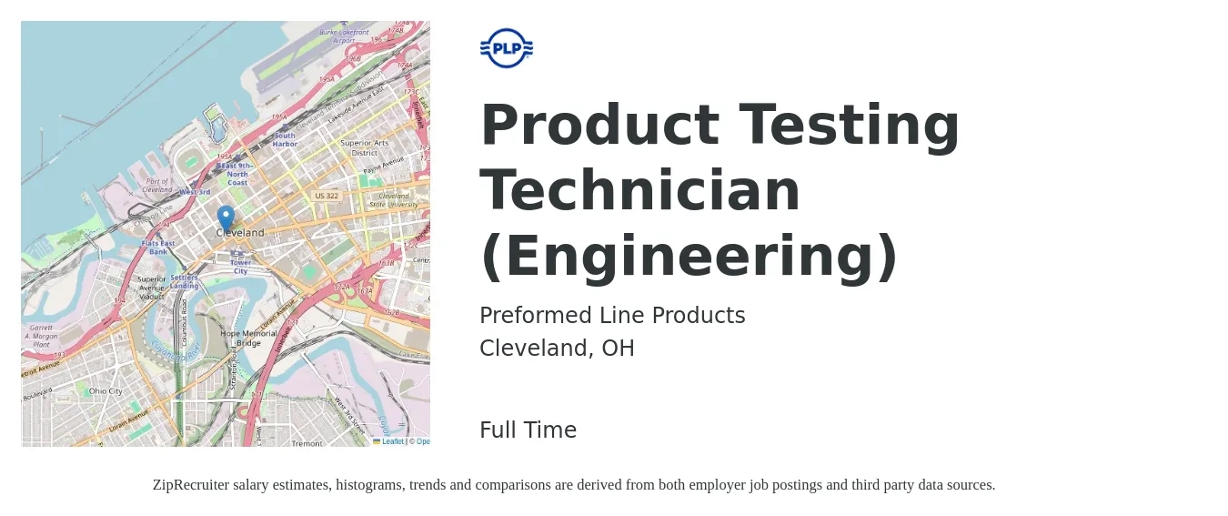 Preformed Line Products job posting for a Product Testing Technician (Engineering) in Cleveland, OH with a salary of $45,600 to $69,800 Yearly with a map of Cleveland location.