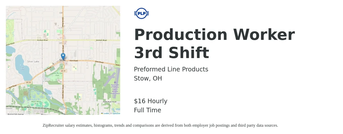 Preformed Line Products job posting for a Production Worker 3rd Shift in Stow, OH with a salary of $17 Hourly with a map of Stow location.