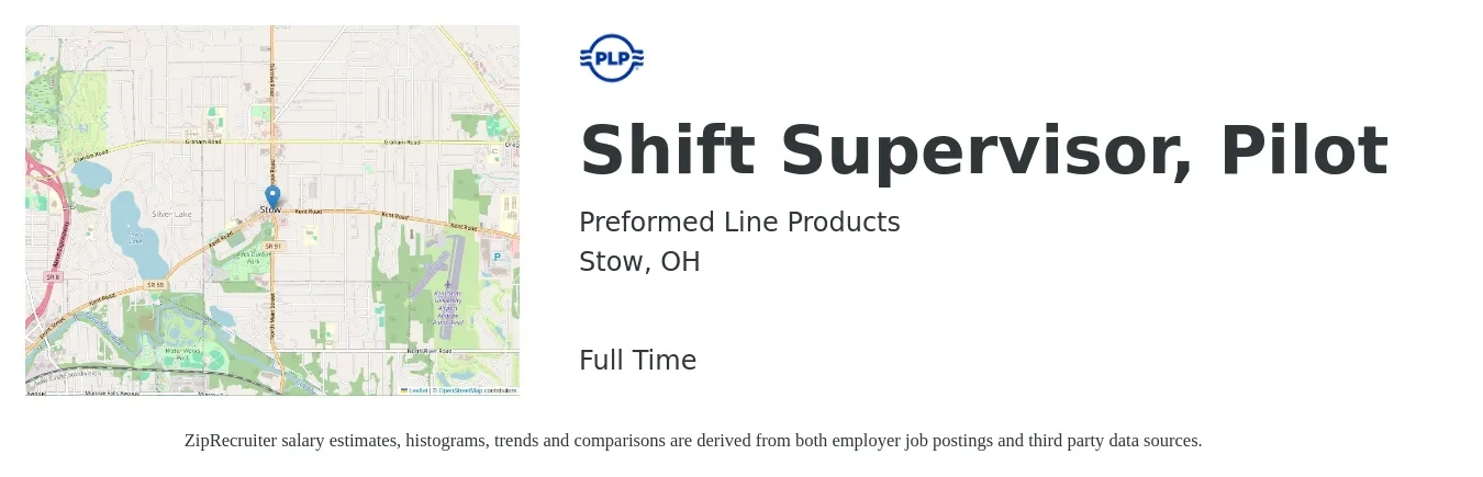 Preformed Line Products job posting for a Shift Supervisor, Pilot in Stow, OH with a salary of $14 to $18 Hourly with a map of Stow location.