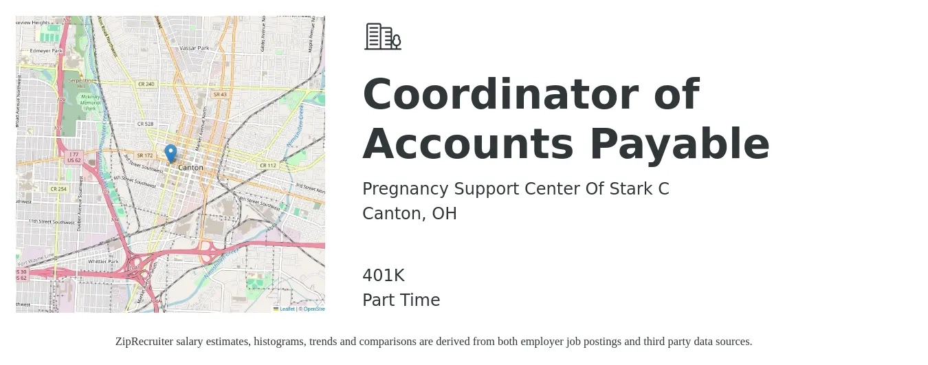 Pregnancy Support Center Of Stark C job posting for a Coordinator of Accounts Payable in Canton, OH with a salary of $19 to $25 Hourly and benefits including 401k with a map of Canton location.