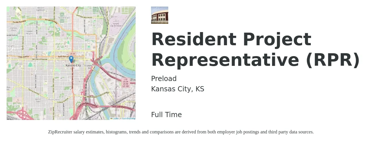 Preload job posting for a Resident Project Representative (RPR) in Kansas City, KS with a salary of $39,500 to $80,000 Yearly with a map of Kansas City location.