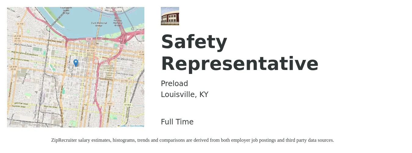 Preload job posting for a Safety Representative in Louisville, KY with a salary of $24 to $36 Hourly with a map of Louisville location.