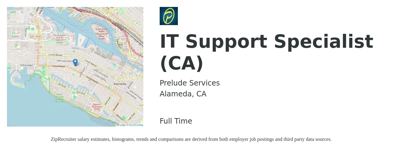 Prelude Services job posting for a IT Support Specialist (CA) in Alameda, CA with a salary of $400 Daily with a map of Alameda location.