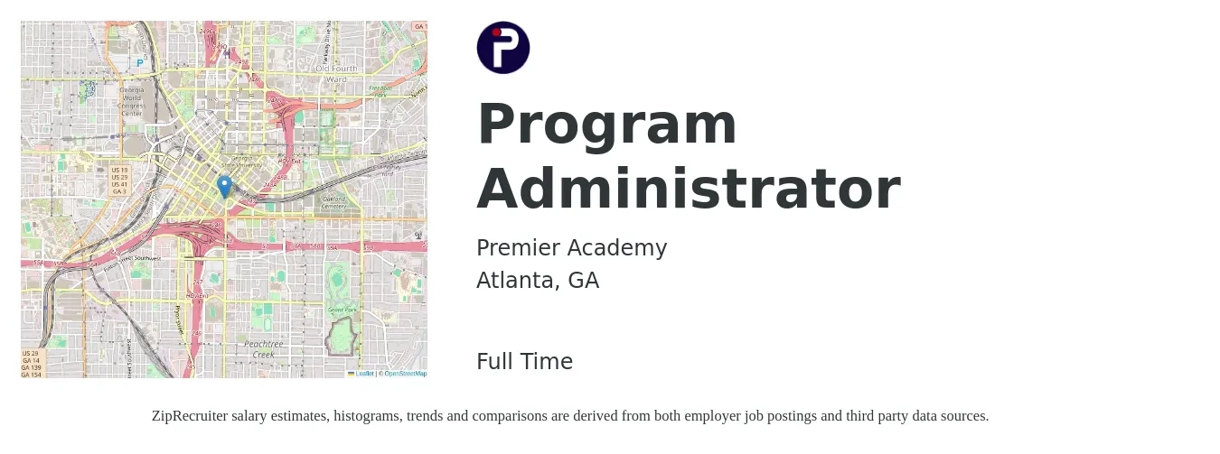 Premier Academy job posting for a Program Administrator in Atlanta, GA with a salary of $59,700 to $112,100 Yearly with a map of Atlanta location.