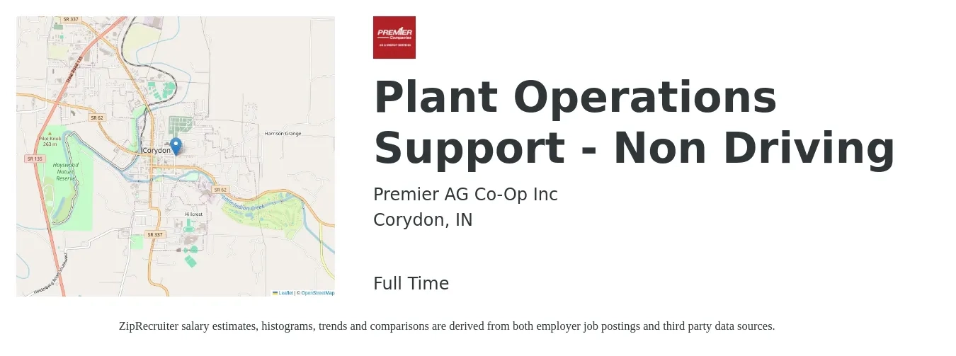 Premier AG Co-Op Inc job posting for a Plant Operations Support - Non Driving in Corydon, IN with a salary of $19 to $29 Hourly with a map of Corydon location.