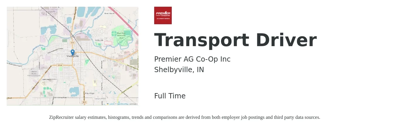 Premier AG Co-Op Inc job posting for a Transport Driver in Shelbyville, IN with a salary of $15 to $22 Hourly with a map of Shelbyville location.