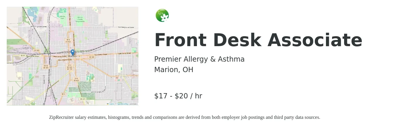 Premier Allergy & Asthma job posting for a Front Desk Associate in Marion, OH with a salary of $18 to $21 Hourly with a map of Marion location.