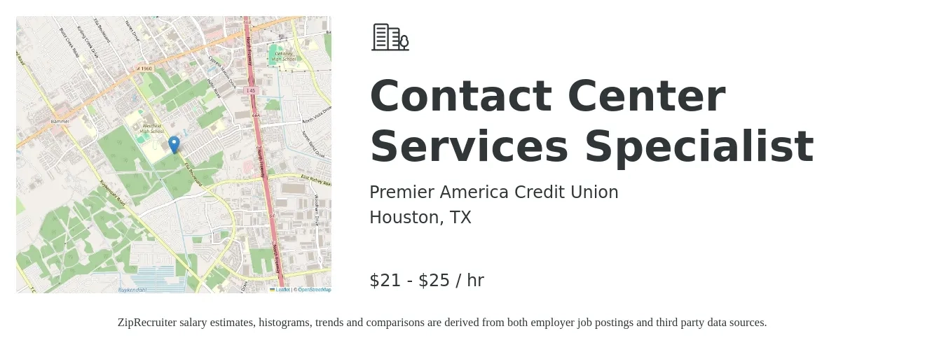 Premier America Credit Union job posting for a Contact Center Services Specialist in Houston, TX with a salary of $22 to $27 Hourly with a map of Houston location.