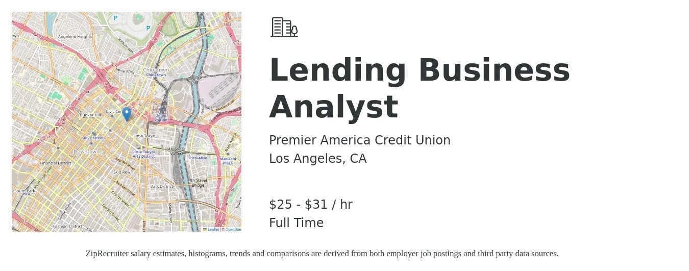 Premier America Credit Union job posting for a Lending Business Analyst in Los Angeles, CA with a salary of $26 to $33 Hourly with a map of Los Angeles location.