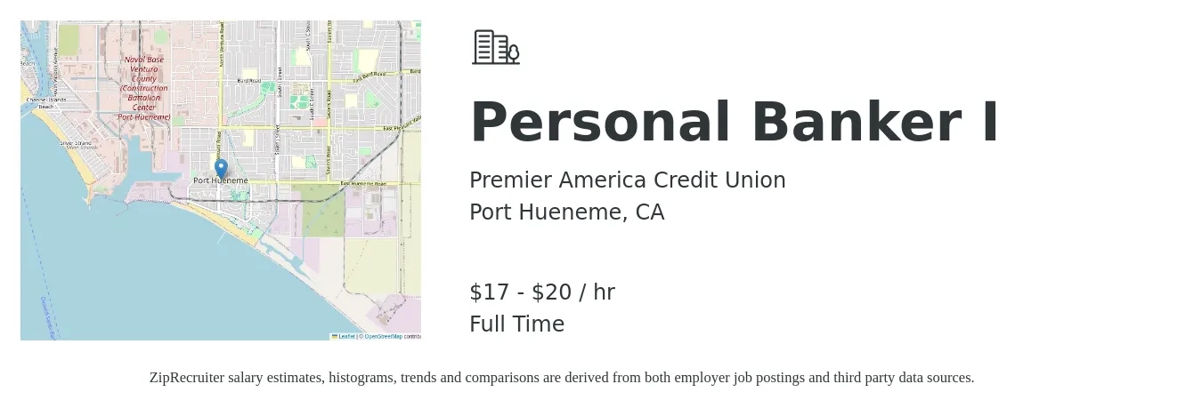 Premier America Credit Union job posting for a Personal Banker I in Port Hueneme, CA with a salary of $18 to $21 Hourly with a map of Port Hueneme location.