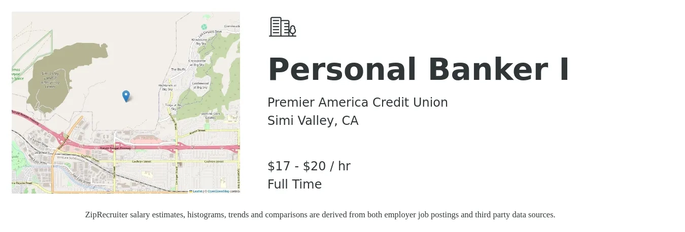 Premier America Credit Union job posting for a Personal Banker I in Simi Valley, CA with a salary of $18 to $21 Hourly with a map of Simi Valley location.