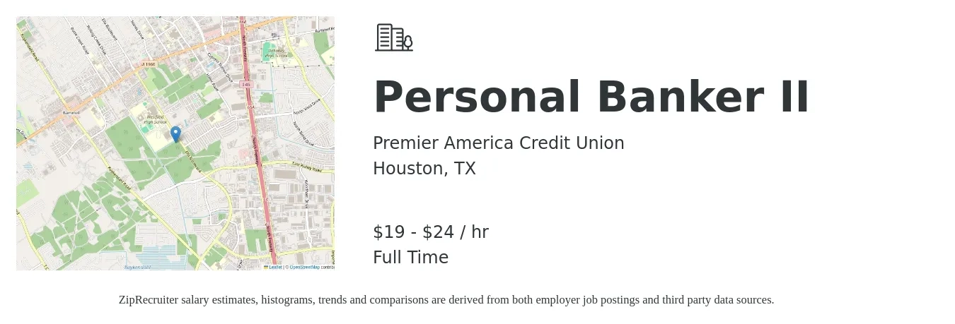 Premier America Credit Union job posting for a Personal Banker II in Houston, TX with a salary of $20 to $25 Hourly with a map of Houston location.