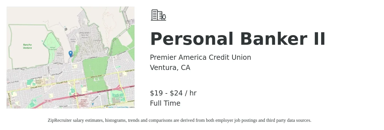 Premier America Credit Union job posting for a Personal Banker II in Ventura, CA with a salary of $20 to $25 Hourly with a map of Ventura location.
