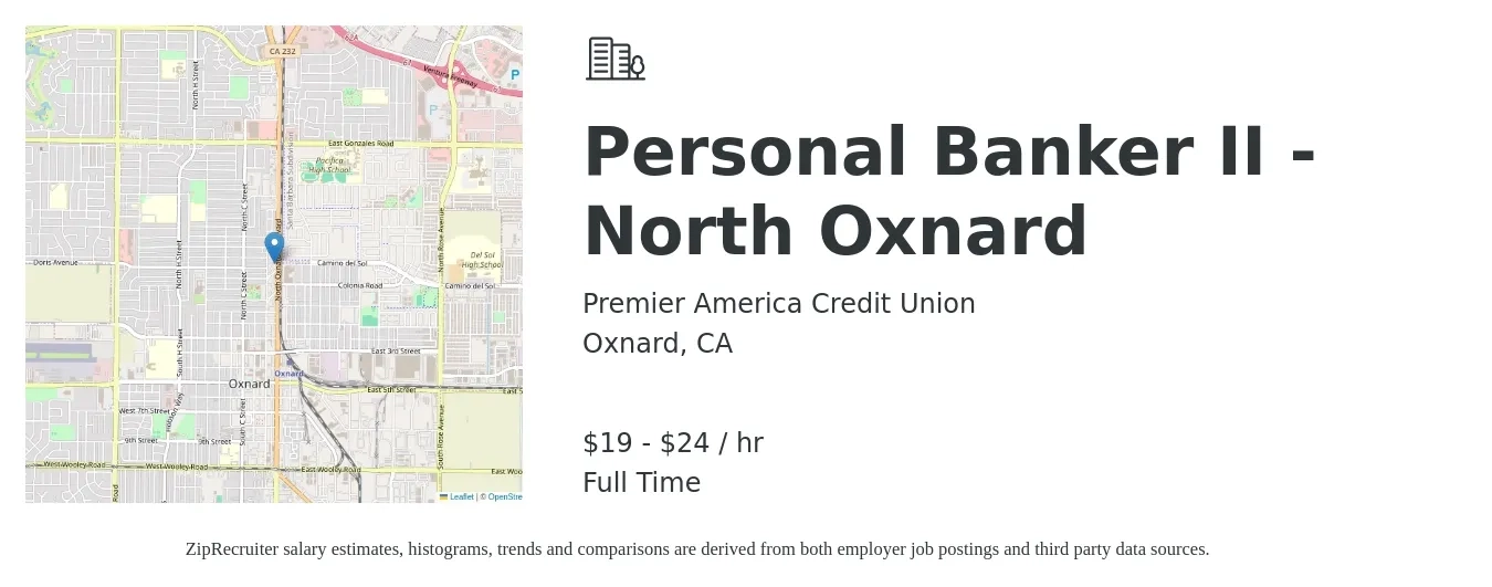 Premier America Credit Union job posting for a Personal Banker II - North Oxnard in Oxnard, CA with a salary of $20 to $25 Hourly with a map of Oxnard location.