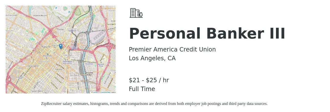 Premier America Credit Union job posting for a Personal Banker III in Los Angeles, CA with a salary of $23 to $27 Hourly with a map of Los Angeles location.