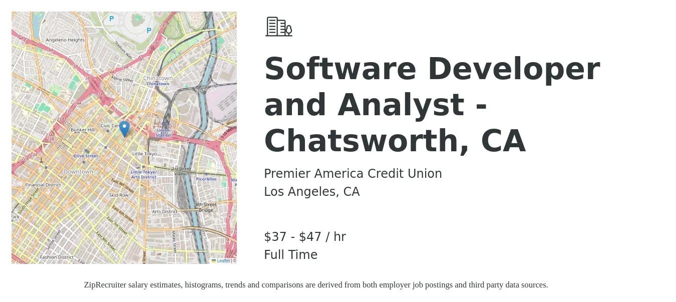 Premier America Credit Union job posting for a Software Developer and Analyst - Chatsworth, CA in Los Angeles, CA with a salary of $39 to $49 Hourly with a map of Los Angeles location.