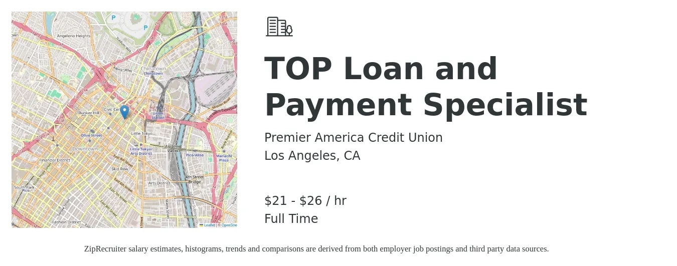 Premier America Credit Union job posting for a TOP Loan and Payment Specialist in Los Angeles, CA with a salary of $22 to $28 Hourly with a map of Los Angeles location.