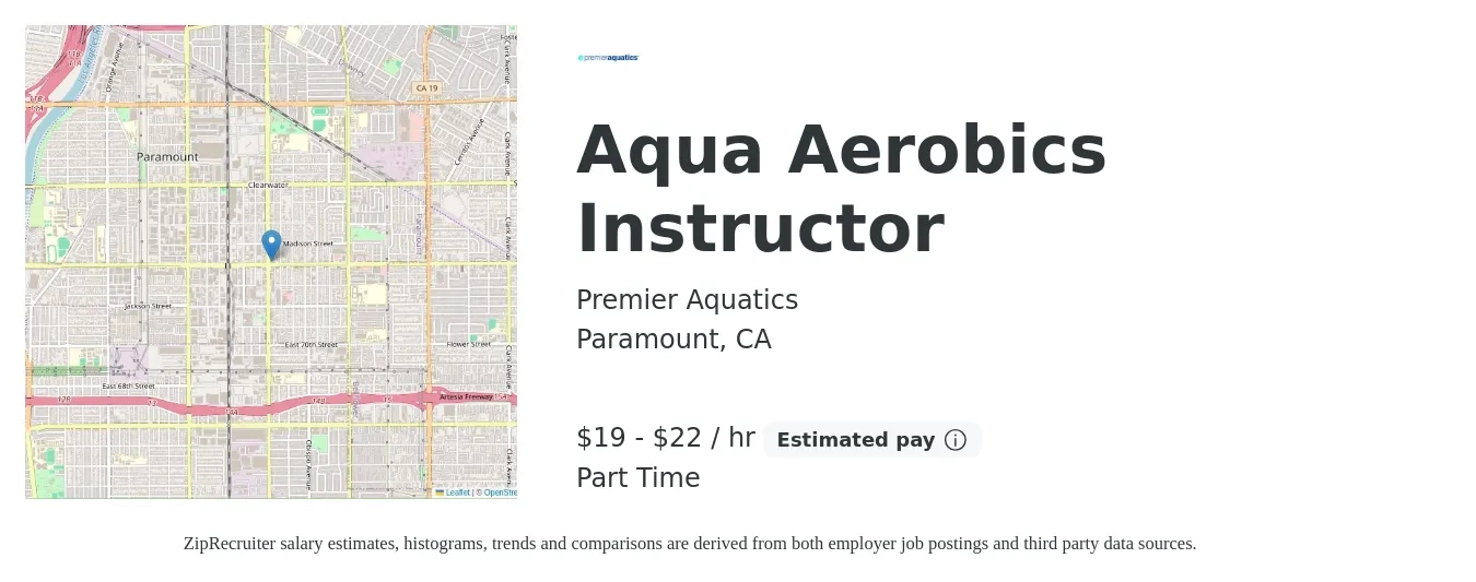 Premier Aquatics job posting for a Aqua Aerobics Instructor in Paramount, CA with a salary of $20 to $23 Hourly with a map of Paramount location.
