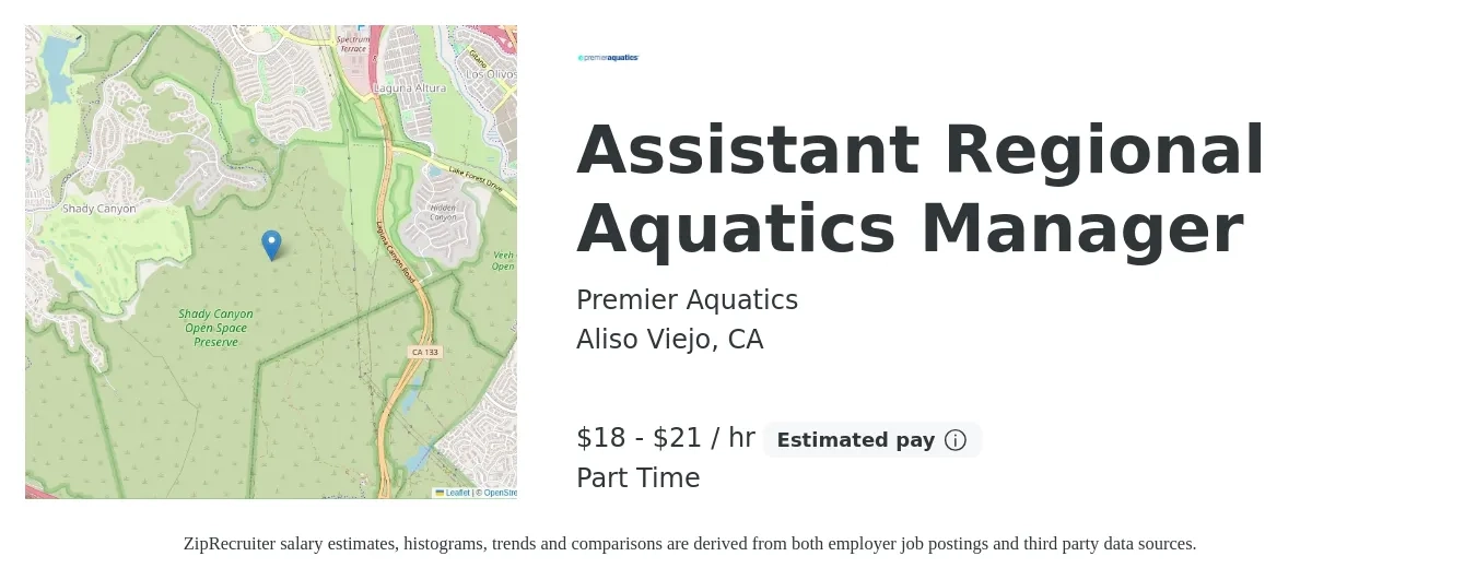Premier Aquatics job posting for a Assistant Regional Aquatics Manager in Aliso Viejo, CA with a salary of $19 to $22 Hourly with a map of Aliso Viejo location.