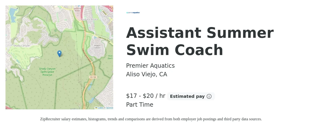 Premier Aquatics job posting for a Assistant Summer Swim Coach in Aliso Viejo, CA with a salary of $18 to $21 Hourly with a map of Aliso Viejo location.