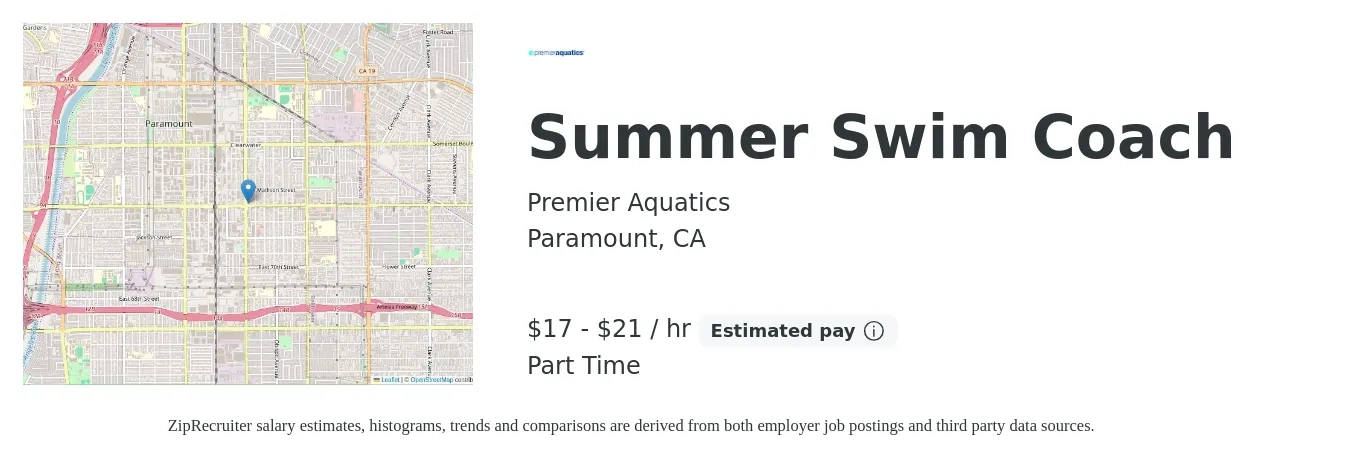 Premier Aquatics job posting for a Summer Swim Coach in Paramount, CA with a salary of $18 to $22 Hourly with a map of Paramount location.