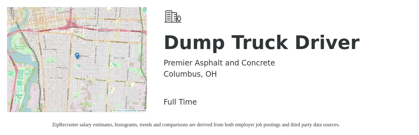 Premier Asphalt and Concrete job posting for a Dump Truck Driver in Columbus, OH with a salary of $19 to $25 Hourly with a map of Columbus location.