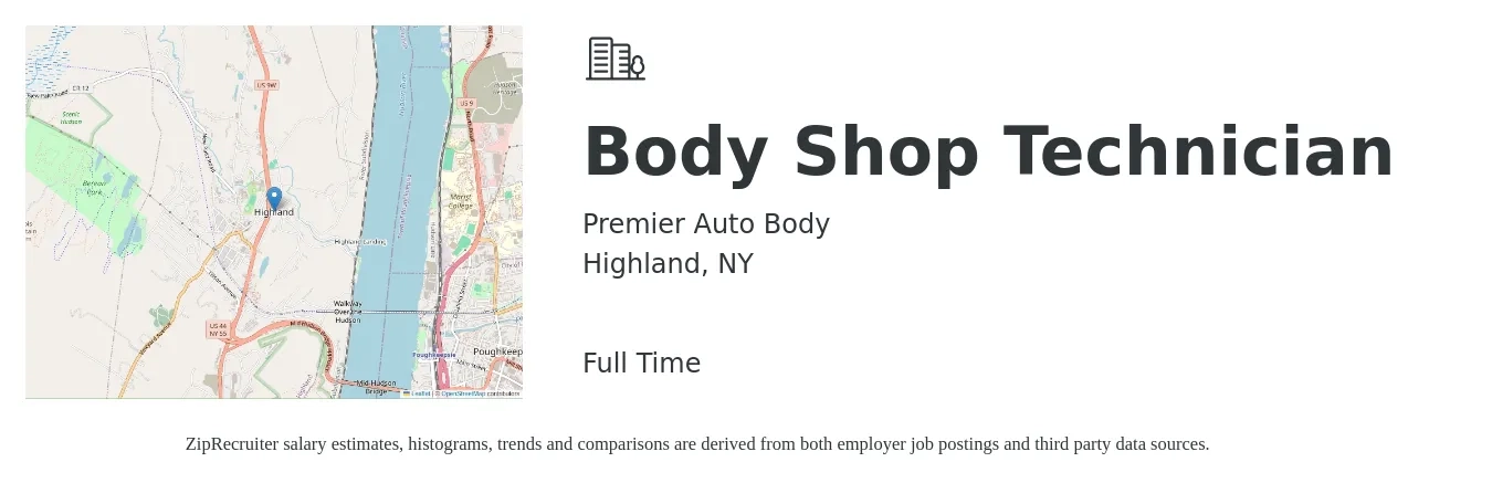 Premier Auto Body job posting for a Body Shop Technician in Highland, NY with a salary of $19 to $30 Hourly with a map of Highland location.