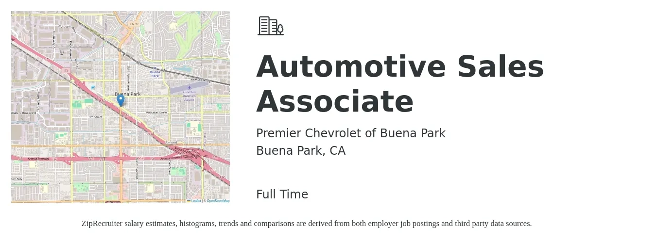 Premier Chevrolet of Buena Park job posting for a Automotive Sales Associate in Buena Park, CA with a salary of $16 to $26 Hourly with a map of Buena Park location.
