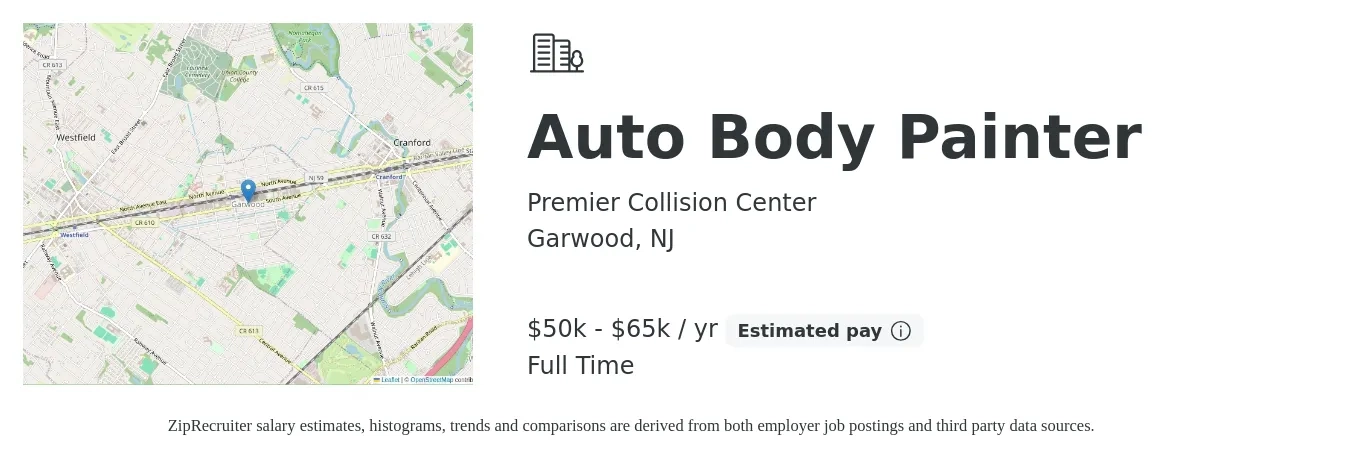 Premier Collision Center job posting for a Auto Body Painter in Garwood, NJ with a salary of $50,000 to $65,000 Yearly with a map of Garwood location.