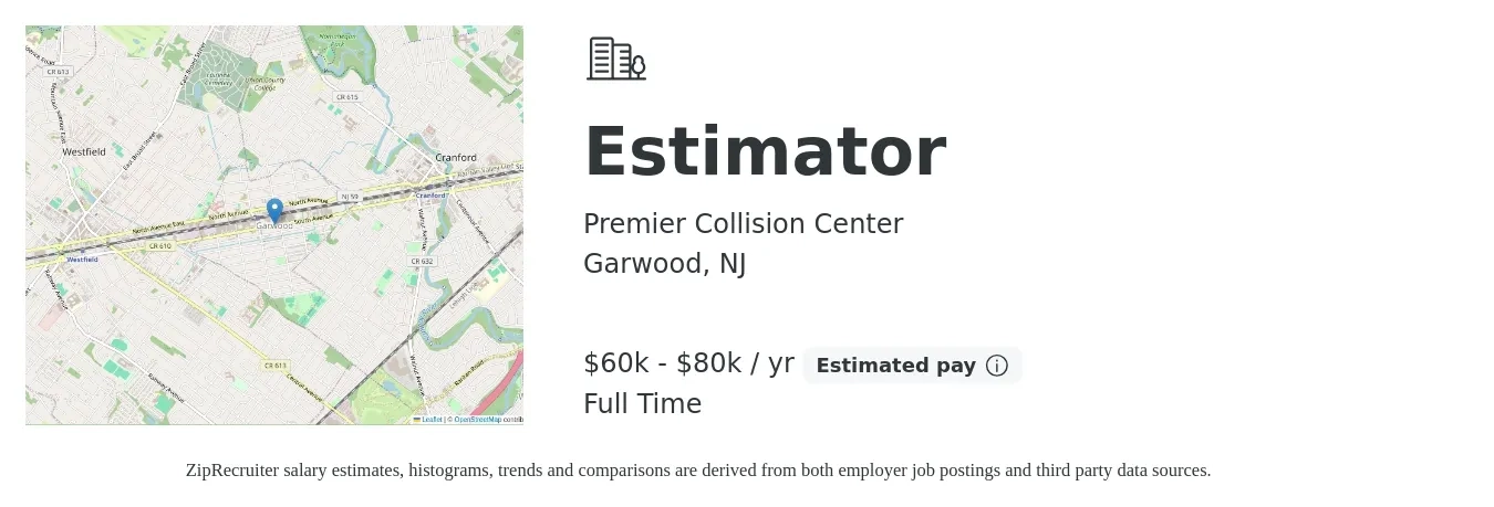 Premier Collision Center job posting for a Estimator in Garwood, NJ with a salary of $60,000 to $80,000 Yearly with a map of Garwood location.