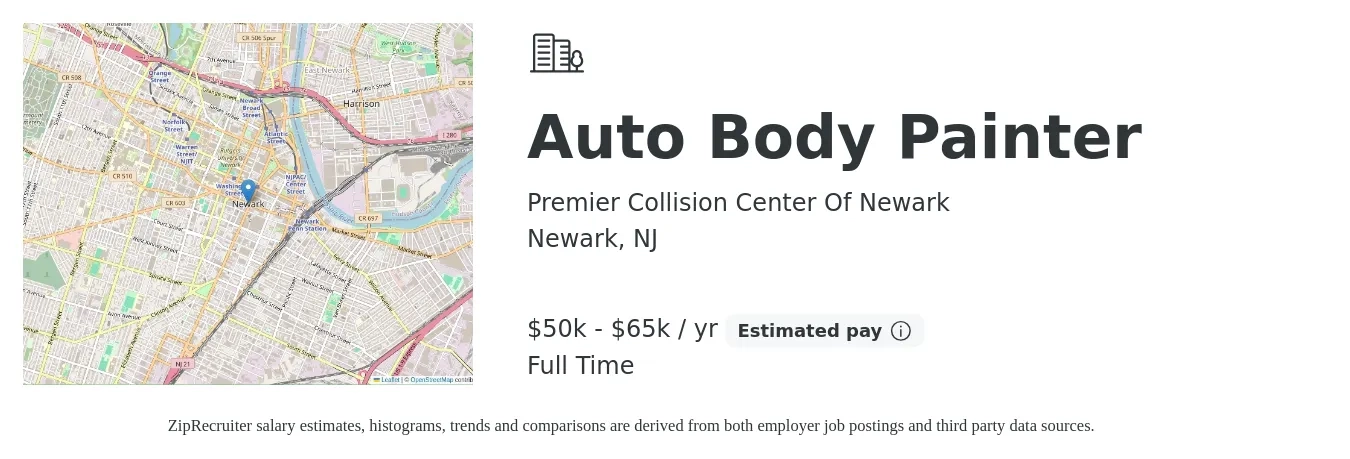 Premier Collision Center Of Newark job posting for a Auto Body Painter in Newark, NJ with a salary of $50,000 to $65,000 Yearly with a map of Newark location.