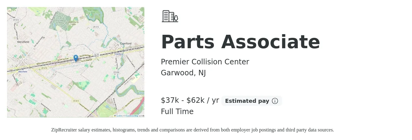 Premier Collision Center job posting for a Parts Associate in Garwood, NJ with a salary of $37,000 to $62,000 Yearly with a map of Garwood location.