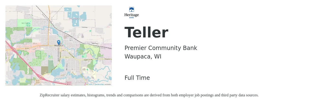 Premier Community Bank job posting for a Teller in Waupaca, WI with a salary of $15 to $19 Hourly with a map of Waupaca location.