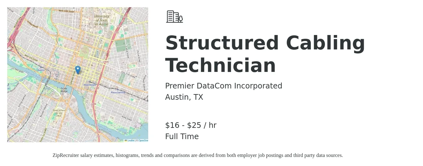 Premier DataCom Incorporated job posting for a Structured Cabling Technician in Austin, TX with a salary of $17 to $27 Hourly with a map of Austin location.
