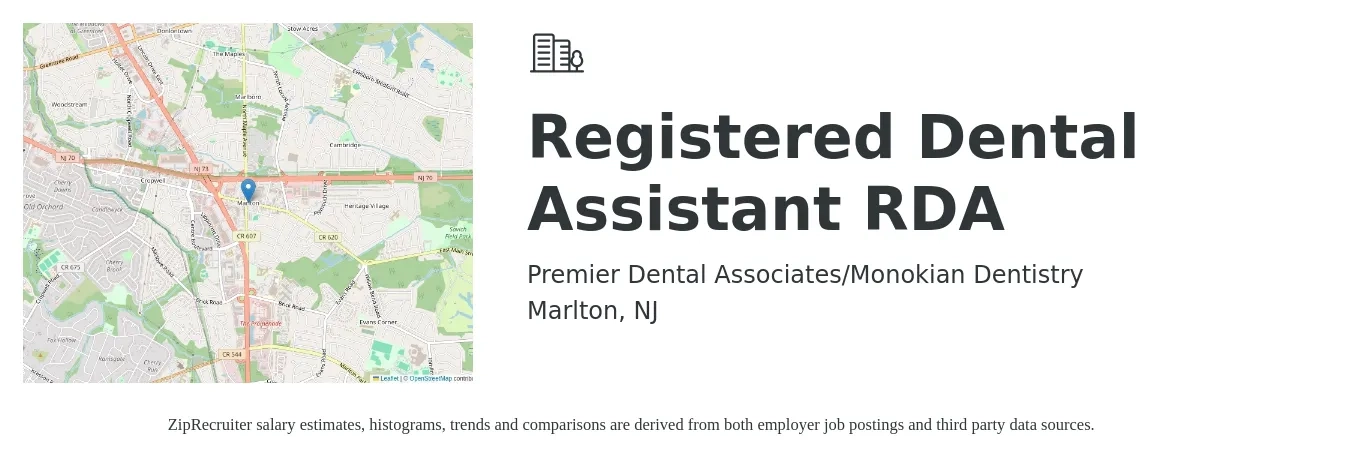 Premier Dental Associates/Monokian Dentistry job posting for a Registered Dental Assistant RDA in Marlton, NJ with a salary of $18 to $26 Hourly with a map of Marlton location.