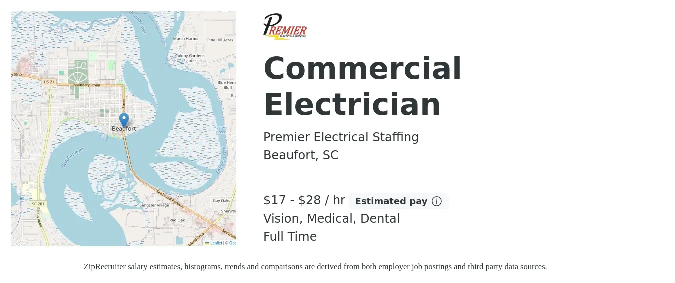 Premier Electrical Staffing job posting for a Commercial Electrician in Beaufort, SC with a salary of $18 to $30 Hourly and benefits including dental, life_insurance, medical, and vision with a map of Beaufort location.