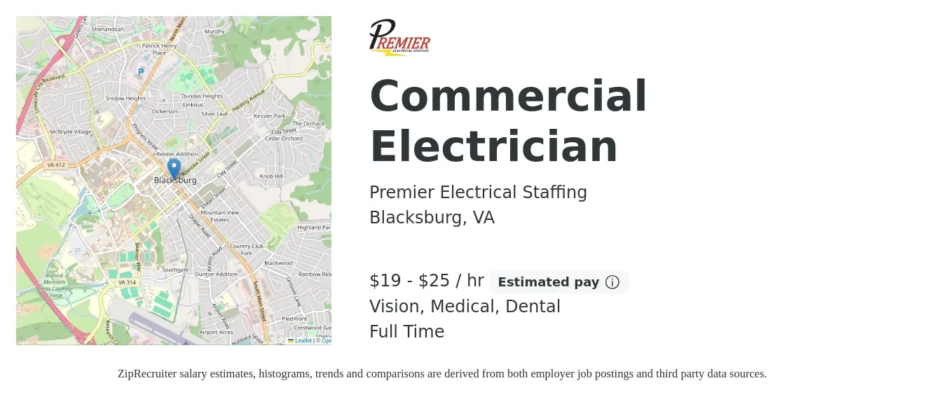 Premier Electrical Staffing job posting for a Commercial Electrician in Blacksburg, VA with a salary of $20 to $27 Hourly and benefits including dental, life_insurance, medical, and vision with a map of Blacksburg location.
