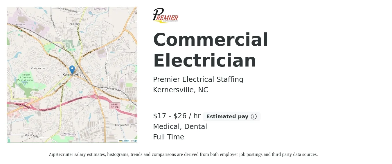 Premier Electrical Staffing job posting for a Commercial Electrician in Kernersville, NC with a salary of $18 to $28 Hourly and benefits including dental, life_insurance, and medical with a map of Kernersville location.