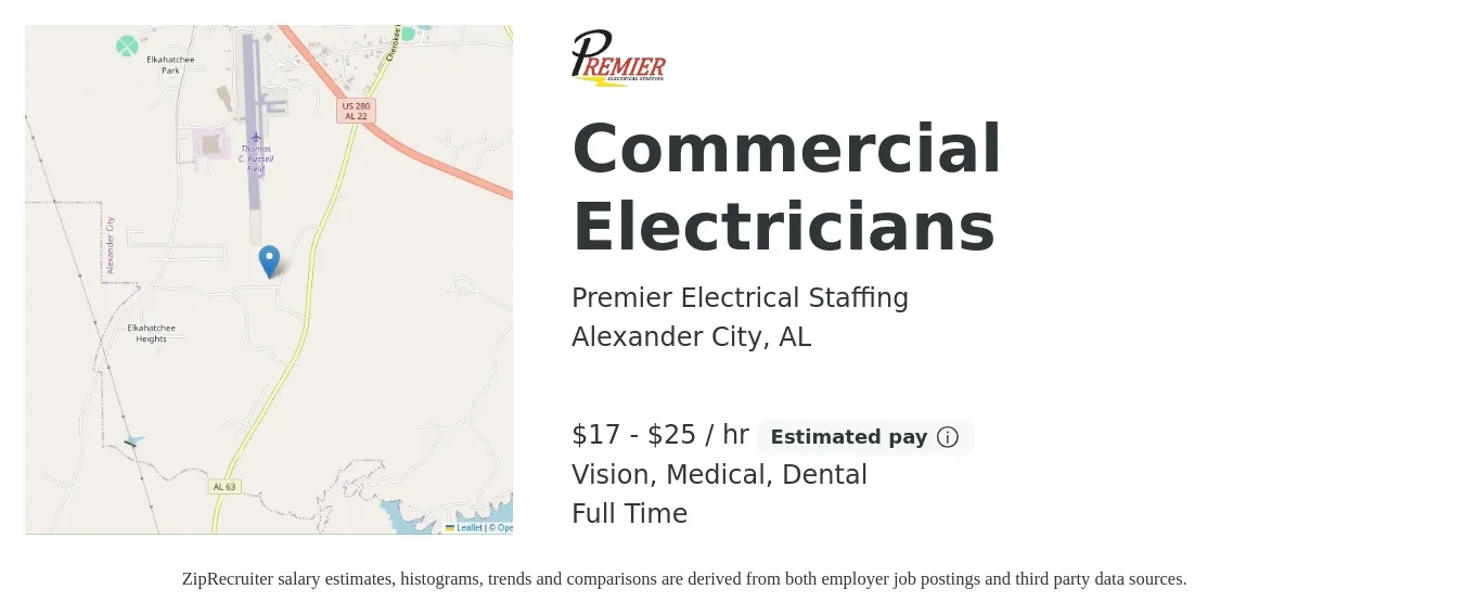 Premier Electrical Staffing job posting for a Commercial Electricians in Alexander City, AL with a salary of $18 to $26 Hourly and benefits including vision, dental, life_insurance, and medical with a map of Alexander City location.