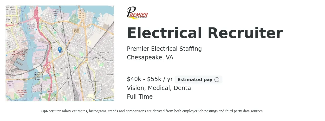 Premier Electrical Staffing job posting for a Electrical Recruiter in Chesapeake, VA with a salary of $40,000 to $55,000 Yearly and benefits including dental, life_insurance, medical, pto, retirement, and vision with a map of Chesapeake location.