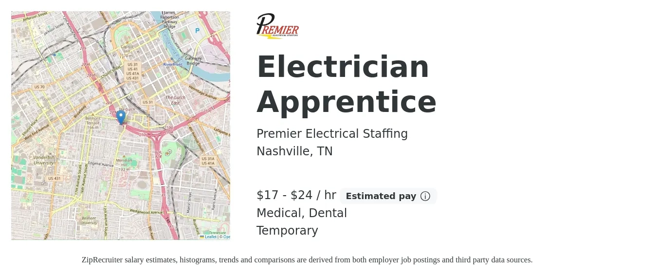 Premier Electrical Staffing job posting for a Electrician Apprentice in Nashville, TN with a salary of $18 to $25 Hourly and benefits including dental, life_insurance, and medical with a map of Nashville location.