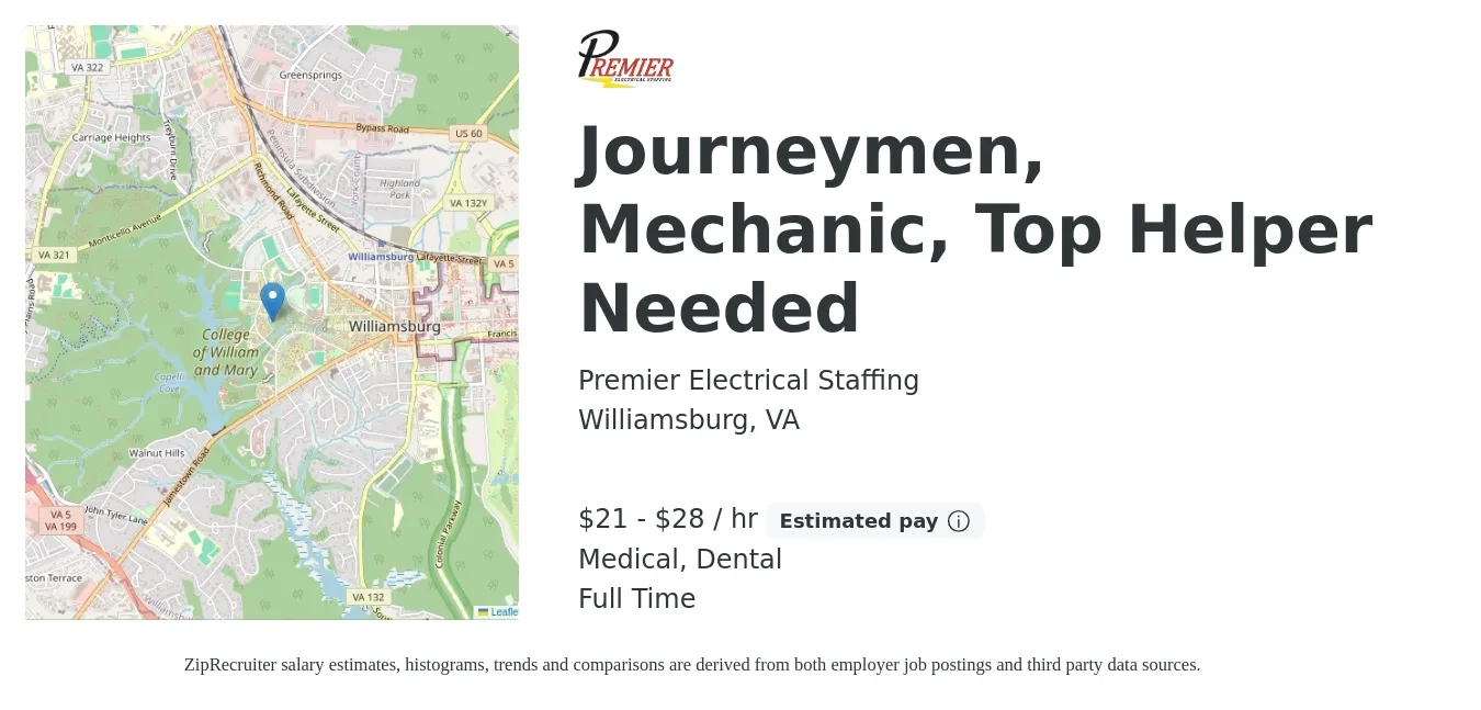 Premier Electrical Staffing job posting for a Journeymen, Mechanic, Top Helper Needed in Williamsburg, VA with a salary of $25 to $30 Hourly and benefits including dental, life_insurance, and medical with a map of Williamsburg location.