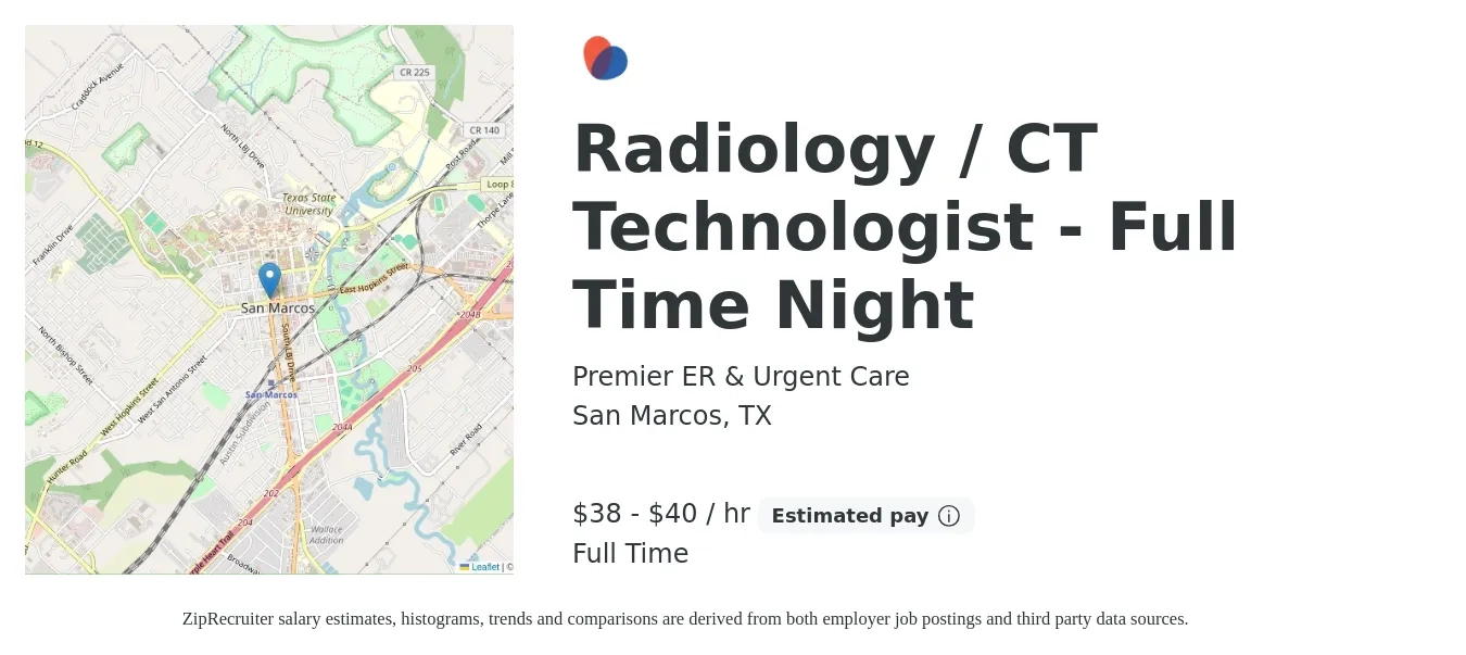 Premier ER & Urgent Care job posting for a Radiology / CT Technologist - Full Time Night in San Marcos, TX with a salary of $40 to $42 Hourly with a map of San Marcos location.