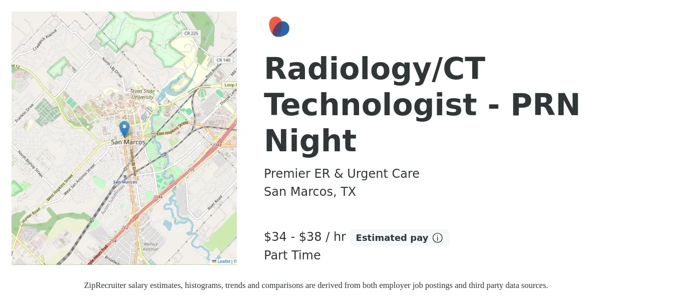 Premier ER & Urgent Care job posting for a Radiology/CT Technologist - PRN Night in San Marcos, TX with a salary of $36 to $40 Hourly with a map of San Marcos location.