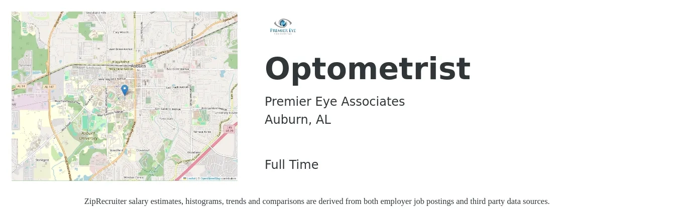 Premier Eye Associates job posting for a Optometrist in Auburn, AL with a salary of $84,100 to $125,300 Yearly with a map of Auburn location.
