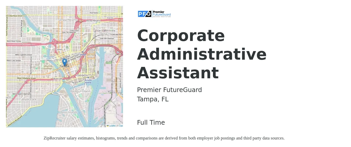 Premier FutureGuard job posting for a Corporate Administrative Assistant in Tampa, FL with a salary of $17 to $26 Hourly with a map of Tampa location.