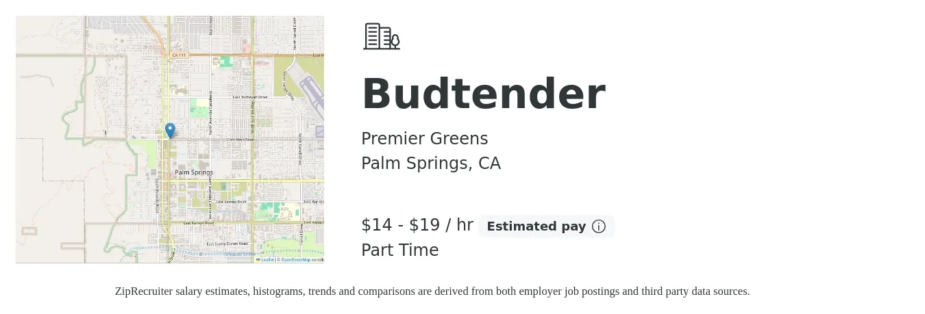 Premier Greens job posting for a Budtender in Palm Springs, CA with a salary of $15 to $20 Hourly with a map of Palm Springs location.