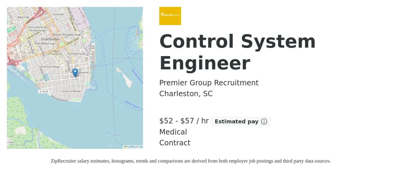 Premier Group Recruitment job posting for a Control System Engineer in Charleston, SC with a salary of $55 to $60 Hourly and benefits including medical with a map of Charleston location.