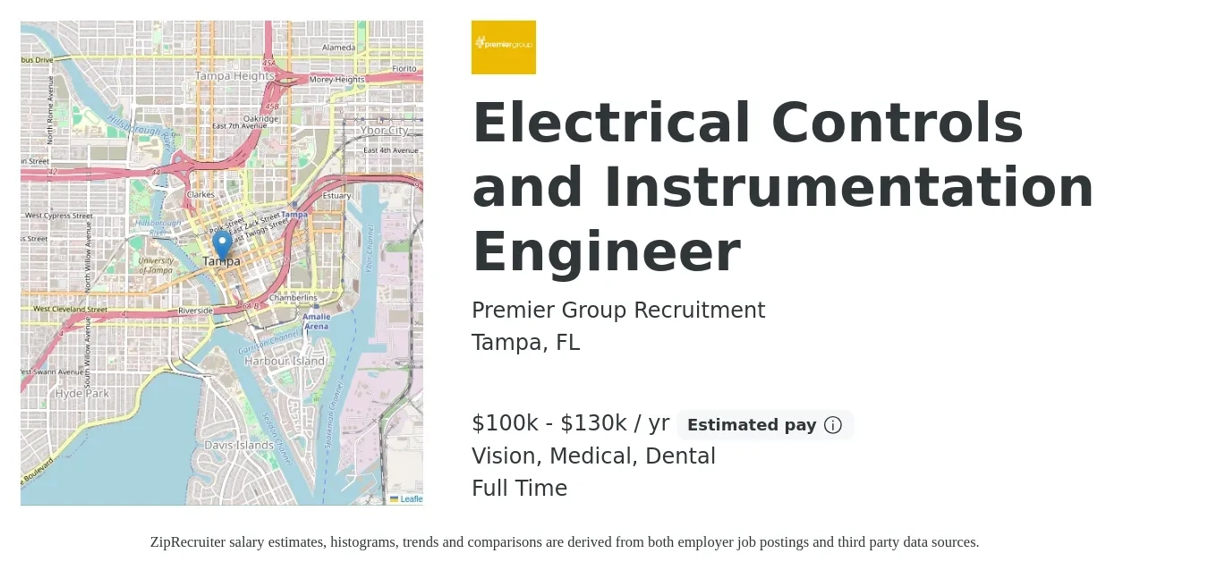 Premier Group Recruitment job posting for a Electrical Controls and Instrumentation Engineer in Tampa, FL with a salary of $100,000 to $130,000 Yearly and benefits including dental, life_insurance, medical, pto, and vision with a map of Tampa location.