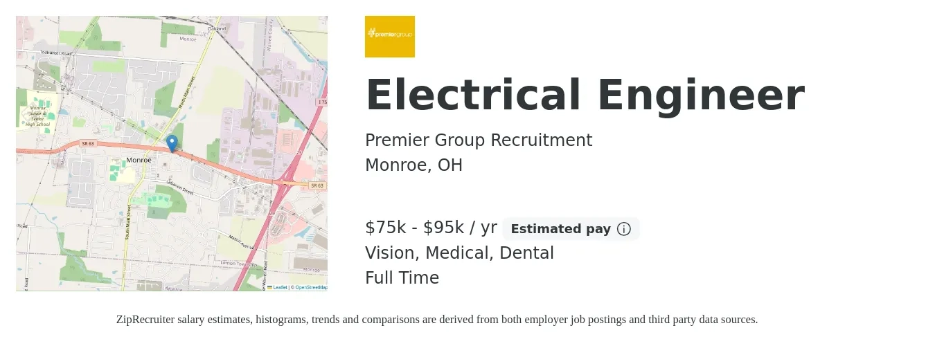 Premier Group Recruitment job posting for a Electrical Engineer in Monroe, OH with a salary of $75,000 to $95,000 Yearly and benefits including vision, dental, life_insurance, medical, and pto with a map of Monroe location.